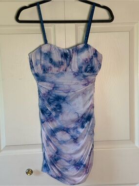 Xtraordinary Blue Purple Tie Dye Ruched Bodycon Clubwear Party Mini Dress Y2K